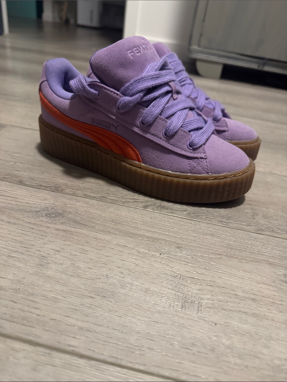 Puma Women's Lavender Suede Platform Sneakers with Orange Stripe